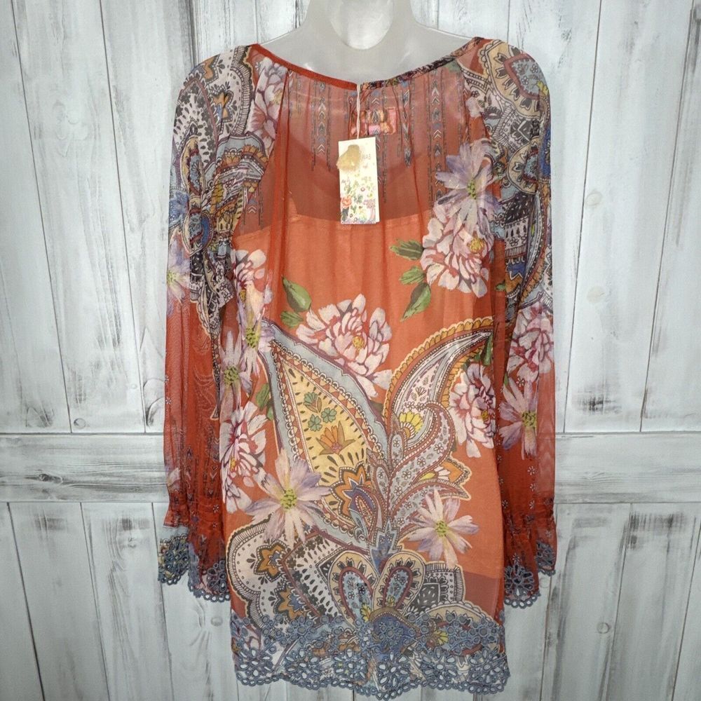 NWT WOMENS‎ JOHNNY WAS BIYA ORANGE COLORFUL PAISLEY EYELET MESH BLOUSE W/ SLIP M - Picture 9 of 16